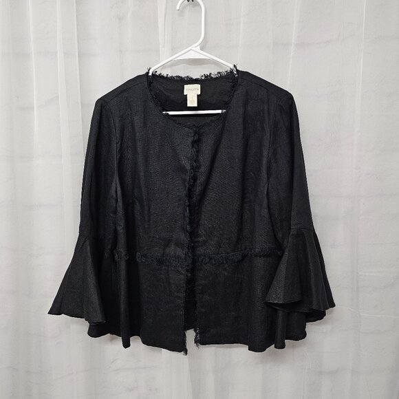 Chico's Black Linen Jacket Fringed Boho Minimalist Bell Sleeves 1 (M) - Picture 9 of 13
